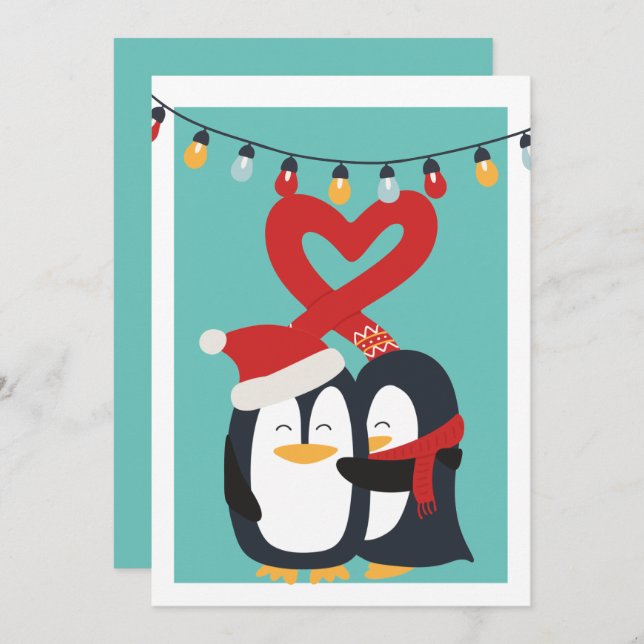 Cartão De Festividades Casal Pinguim Bonito Personalizado Natal (Frente/Verso)