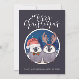 Cartão De Festividades Casal pinguim Papais noeis e Reindeer natal