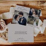 Cartão De Festividades Casamento de Natal do Casado Delicado Greige Obrig<br><div class="desc">Este delicado obrigado de natal Casado de Natal, seu cartão de feriado é o cartões de natal moderno perfeito para recém-casados. A design romântica minimalista apresenta uma magnífica e elegante tipografia negra em um fundo bege de cinza com um aspecto simples e limpo. Personalize o cartão com 3 fotos, seus...</div>
