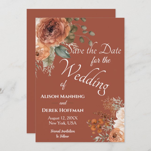 Cartão De Festividades Casamento Floral do Elegante Terracotta Salvar a D (Frente/Verso)