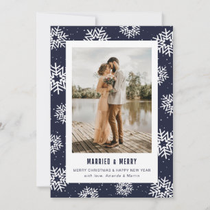 Cartão De Festividades Casamento Foto Floco de Neve Azul Moderno