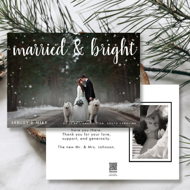 Cartão De Festividades Casamento Fotográfico com Neve 2 Casada & Brilhant (Married & Bright! Share Our Christmas Wedding Joy 🎄💒 Easily personalized with photos & deets)