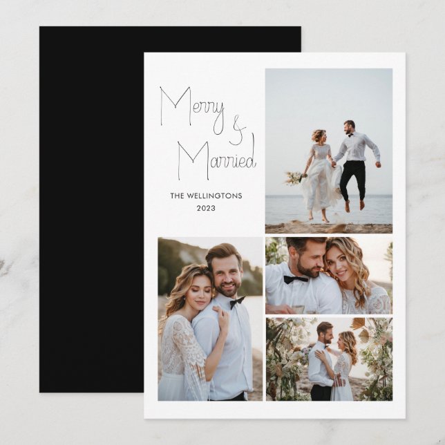 Cartão De Festividades Casamento Moderno Minimalista com Múltiplas Fotos  (Frente/Verso)