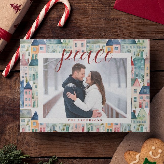 Cartão De Festividades Casas de Aquarela de Foto de Natal Horizontais (Criador carregado)