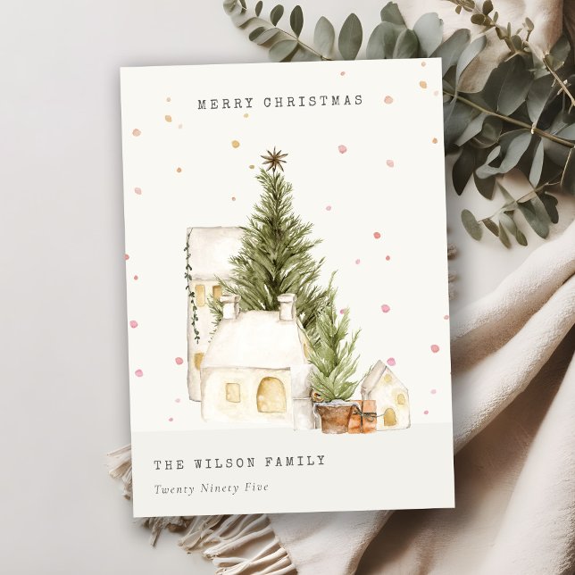Cartão De Festividades Casas de Árvore Branca de Neve Saudações Feliz de  (Criador carregado)