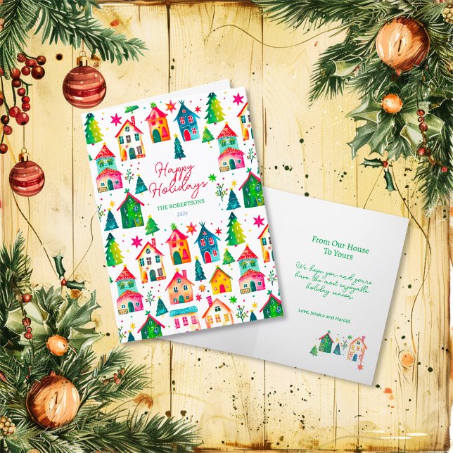 Cartão De Festividades Casas de Natal Boas Festas (Christmas Houses Happy Holidays Folded Card)