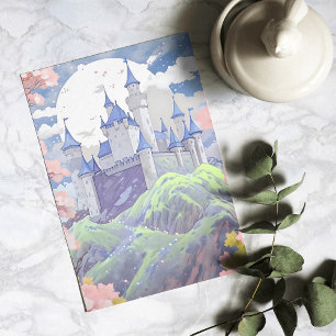 Cartão De Festividades Castelo de Contos de Fadas Paisagem em Aquarela Pa