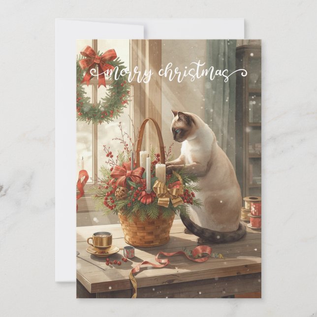 Cartão De Festividades Cat arranging Winter Flowers for Christmas (Frente)