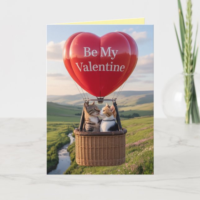 Cartão De Festividades Cat Balloon Valentine's Day Card (Frente)