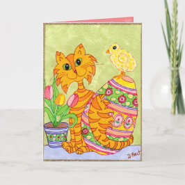 Cartão De Festividades Cat & Chick with Egg & Tulips Folk Art Easter