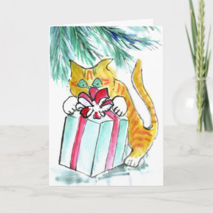 Cartão De Festividades Cat Holiday attacking the Presents, Sumi-e