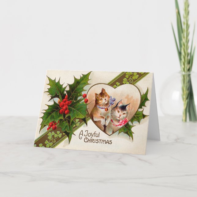 Cartão De Festividades Cat Kitten Heart Shamrock Holly (Frente)