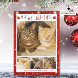 Cartão De Festividades Cat MEOWCHRISTMAS 4 Fotos Pawprint Vermelho