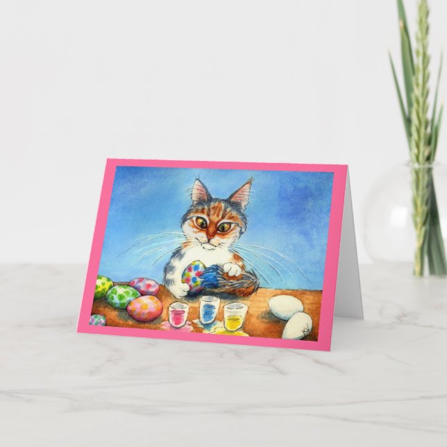 Cartão De Festividades Cat painting Easter eggs with tail (Frente)