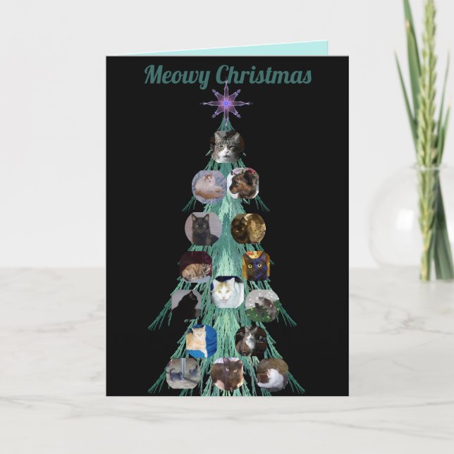 Cartão De Festividades Cat Photo Fractal Tree Black Folded Holiday Card (Frente)