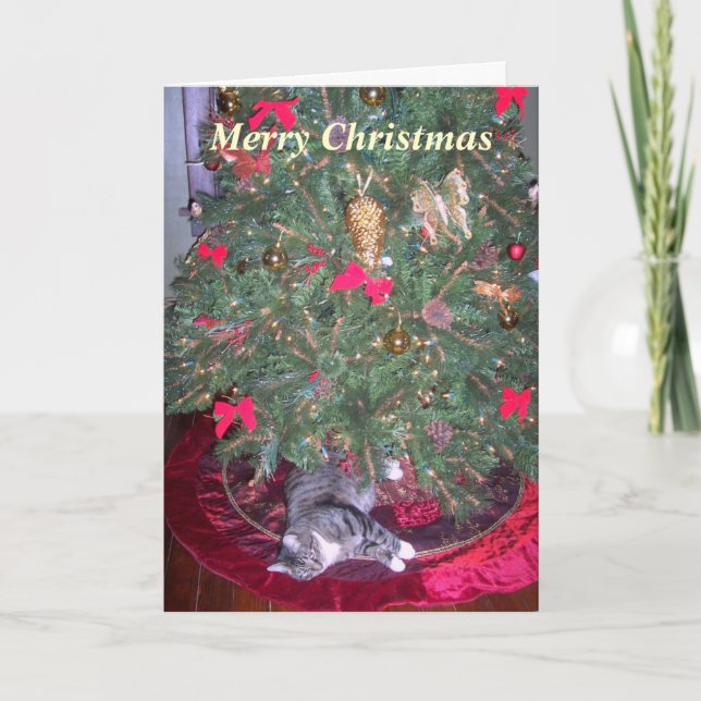 Cartão De Festividades Cat Underneath The Tree Christmas Card (Frente)