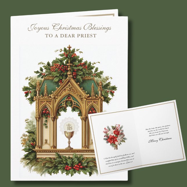 Cartão De Festividades Catholic Christmas Eucharist Poinsettia Priest (Criador carregado)