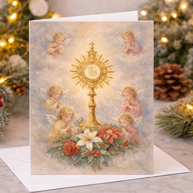 Cartão De Festividades Catholic Christmas Eucharistic Adoration Angels (Criador carregado)