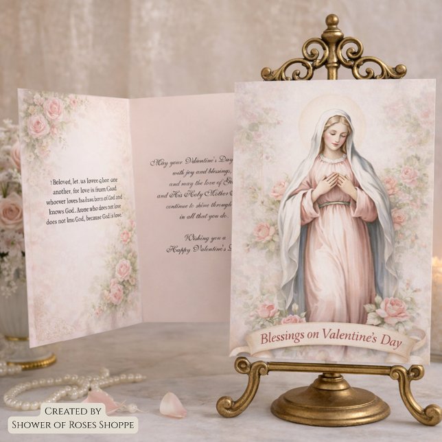 Cartão De Festividades Catholic Mother Mary Pink Roses Valentine (Criador carregado)