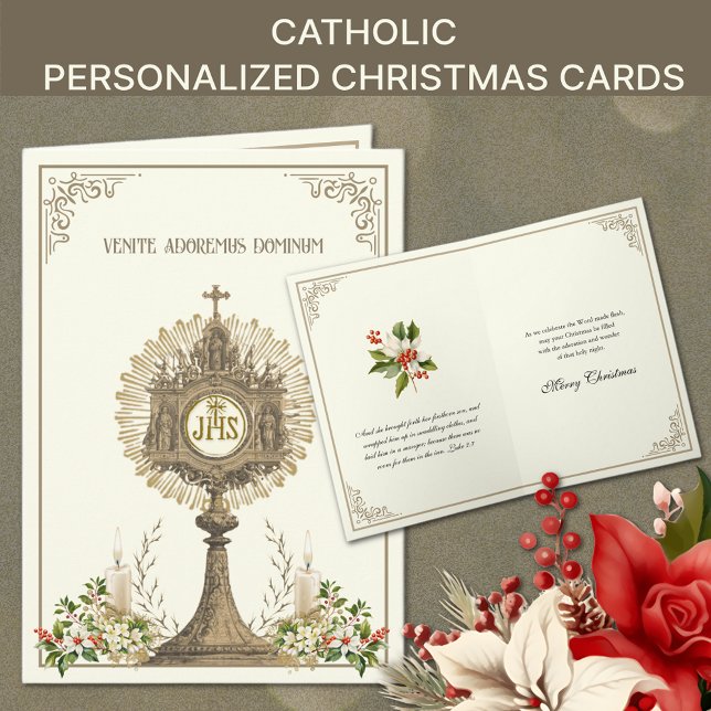Cartão De Festividades Católico Eucarista Poinsettia Floral (Traditional Catholic Religious Christmas Cards with Eucharist and Poinsettias)
