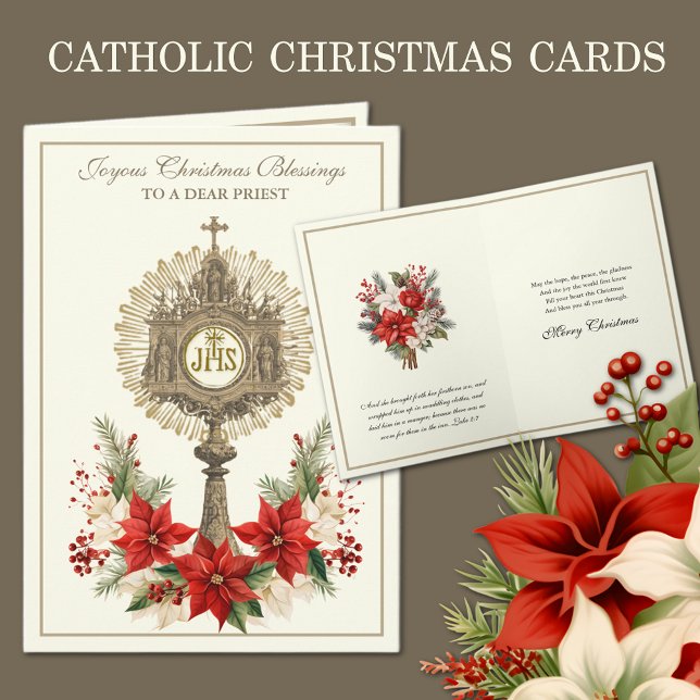 Cartão De Festividades Católico Eucarista Poinsettia Floral (Traditional Catholic Christmas Cards with red poinsettias)