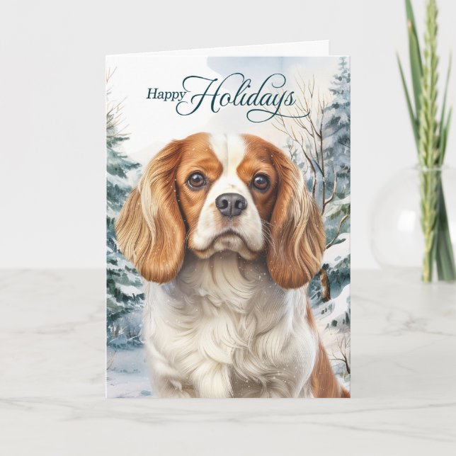 Cartão De Festividades Cavalier King Charles Dog Winter Forest Christmas (Frente)