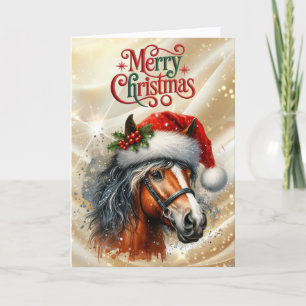 Cartão De Festividades Cavalo Baio Bonito de Chapéu de Papai Noel