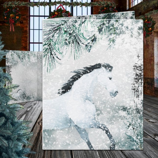 Cartão De Festividades Cavalo Branco da Floresta Florestal de Inverno (Blustering Winter Woodland Forest White Horse Christmas Holiday Wraparound Graphics  Folded Card)