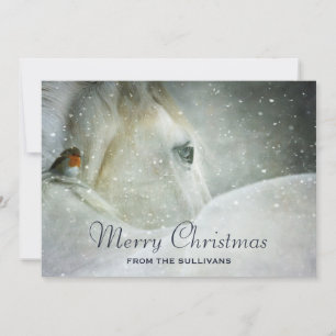 Cartão De Festividades Cavalo branco e pássaro em um Natal de inverno