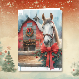 Cartão De Festividades Cavalo Branco em Aquarela e Natal Festivo na Fazen