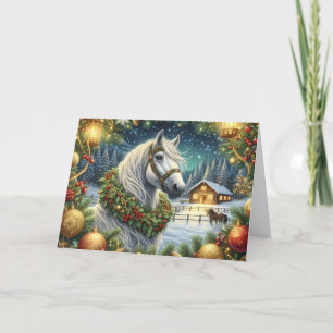 Cartão De Festividades Cavalo Branco Lindo e Coroa de Natal