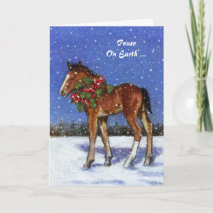 Cartão De Festividades Cavalo, Colt em Neve com Holly de Natal: Paz