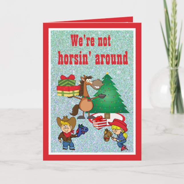 Cartão De Festividades Cavalo com presentes e Crianças de Cavalos com Pau (Frente)
