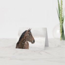 Cartão De Festividades Cavalo de Baía em Neve Queda, Mensagem Personaliza