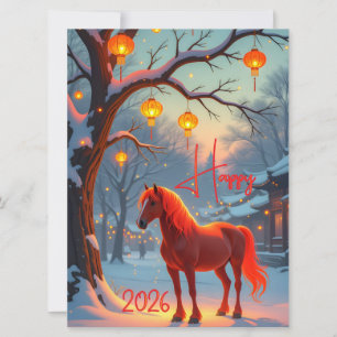 Cartão De Festividades Cavalo de Fogo Vermelho Chinês Ano Novo 2026