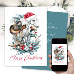 Cartão De Festividades Cavalo de Natal em chapéu de Papai Noel botas de v<br><div class="desc">Design de Natal com um cavalo de cinza (branco) com chapéu de Santa,  cowboy,  botas de cowboy,  chapéu de cowboy com um bonitinho bonitão e galhos de pinheiro decorados. Para os amantes do cavalo :)</div>