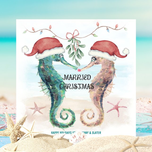 Cartão De Festividades Cavalo de praia Mistletodo Beijo Casado Natal (Criador carregado)