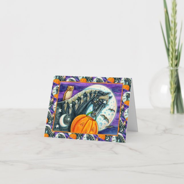 CARTÃO DE FESTIVIDADES CAVALO MÁGICO PRETO, OWL, JACK O LANTERN & SKULLS (Frente)