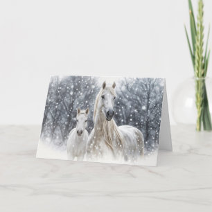 Cartão De Festividades Cavalos de Natal Égua branca e potro na neve
