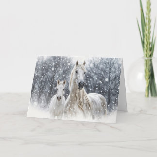 Cartão De Festividades Cavalos de Natal Égua branca e potro na neve