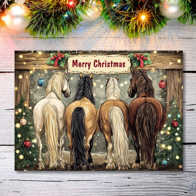 Cartão De Festividades Cavalos Whimsical com Árvores de Natal Festivas (Front - Whimsical Horses with Festive Christmas Trees Holiday Card)