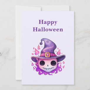 Cartão De Festividades Caveira em um Chapéu de Bruxa Caprichoso Halloween