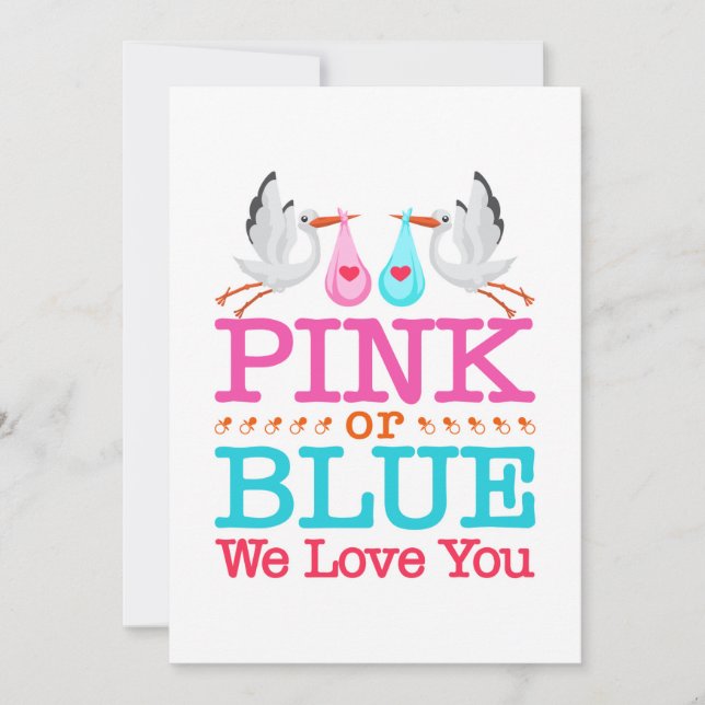Cartão De Festividades Cegonha de Revelação do Sexo Rosa ou Azul Nós Amam (Frente)