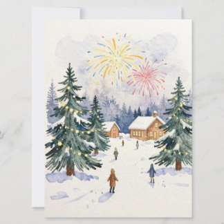 Cartão De Festividades Celebração de Aldeia de Inverno em Aquarela Desenh
