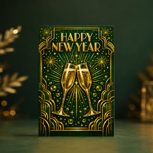 Cartão De Festividades Celebração de Champagne Art Déco em Ouro Esmeralda
