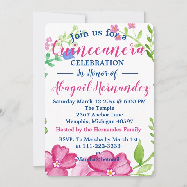Cartão De Festividades Celebração de Quinceanera Floral (Frente)