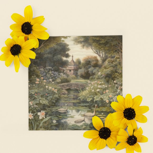 Cartão De Festividades Cena botânica dos cisnes num jardim inglês (Criador carregado)