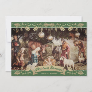 Cartão De Festividades Cena Cristã da Holly Natividade Verde