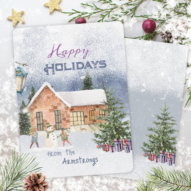 Cartão De Festividades Cena da Família Watercolor Christmas Snowman (Watercolor Christmas Snowman Family Scene Holiday Card ©Susanne Sachers - Sunny Mind 🌞)