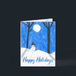 Cartão De Festividades Cena da Noite de Snowman por Teagan<br><div class="desc">Este cartão mostra a arte original de Teagan,  um sobrevivente de câncer de infância. As receitas destas compras vão para Amigos de Crianças com Cancer. Saiba mais em friendsofkids.org ou ligue para 314.275.7440.</div>